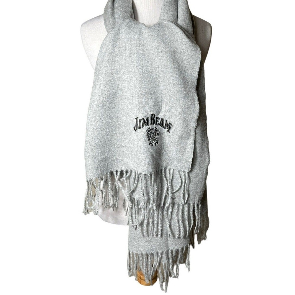 Jim Beam Embroidered Gray Blanket‎ Scarf 30x74 Super Soft Fringe Winter NWOT